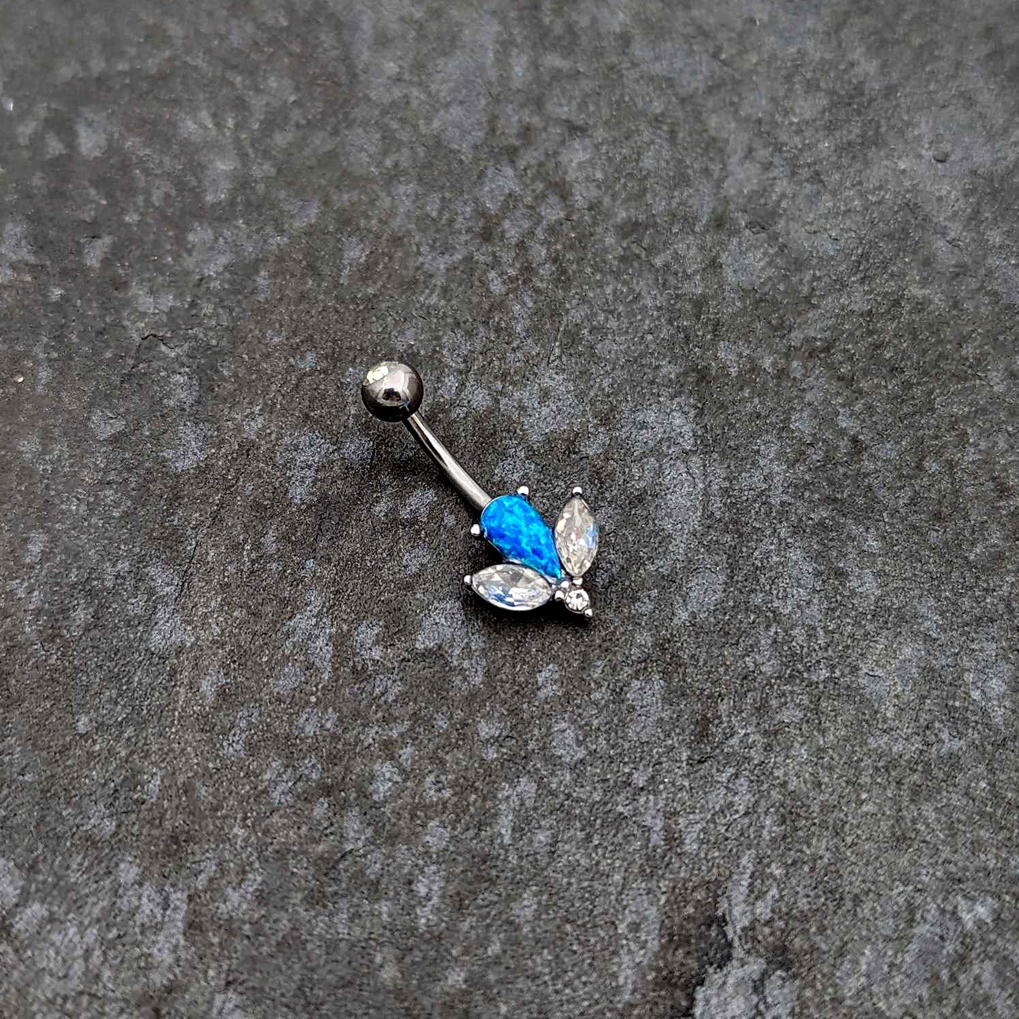 Blue Synthetic Opal Style Flower Belly Ring