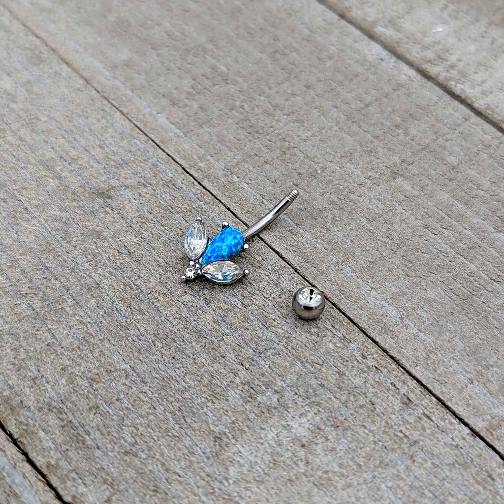 Blue Synthetic Opal Style Flower Belly Ring