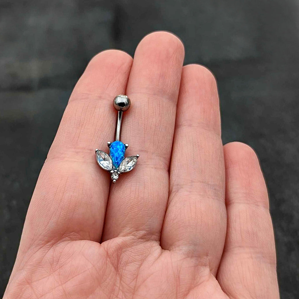 Blue Synthetic Opal Style Flower Belly Ring