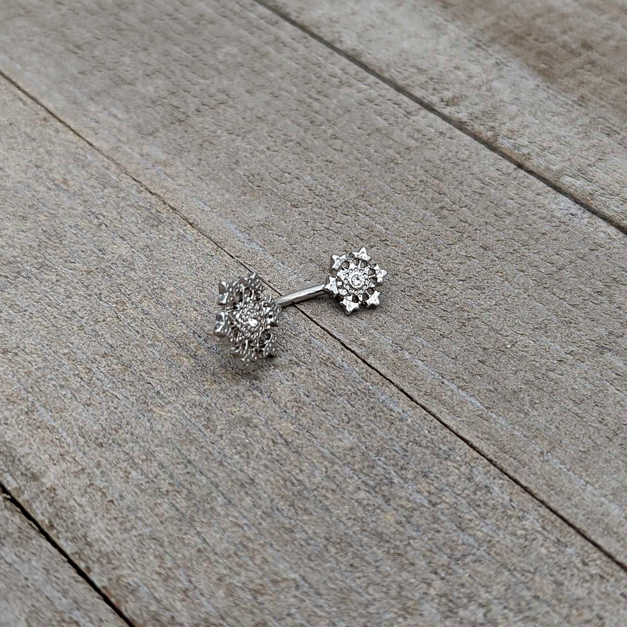 Clear Gem Filigree Winter Snowflakes Double Mount Belly Ring