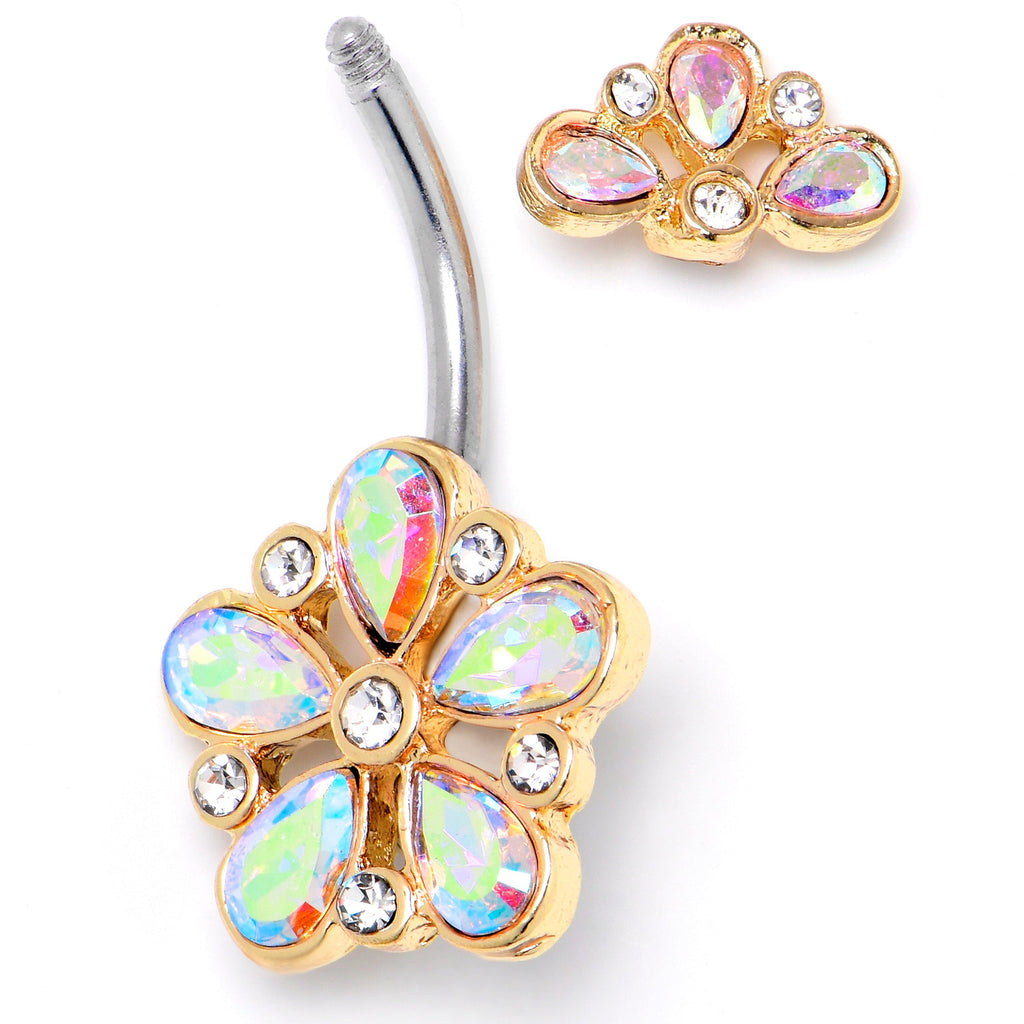 Aurora Clear Gem Filigree Flower Fantasy Double Mount Belly Ring