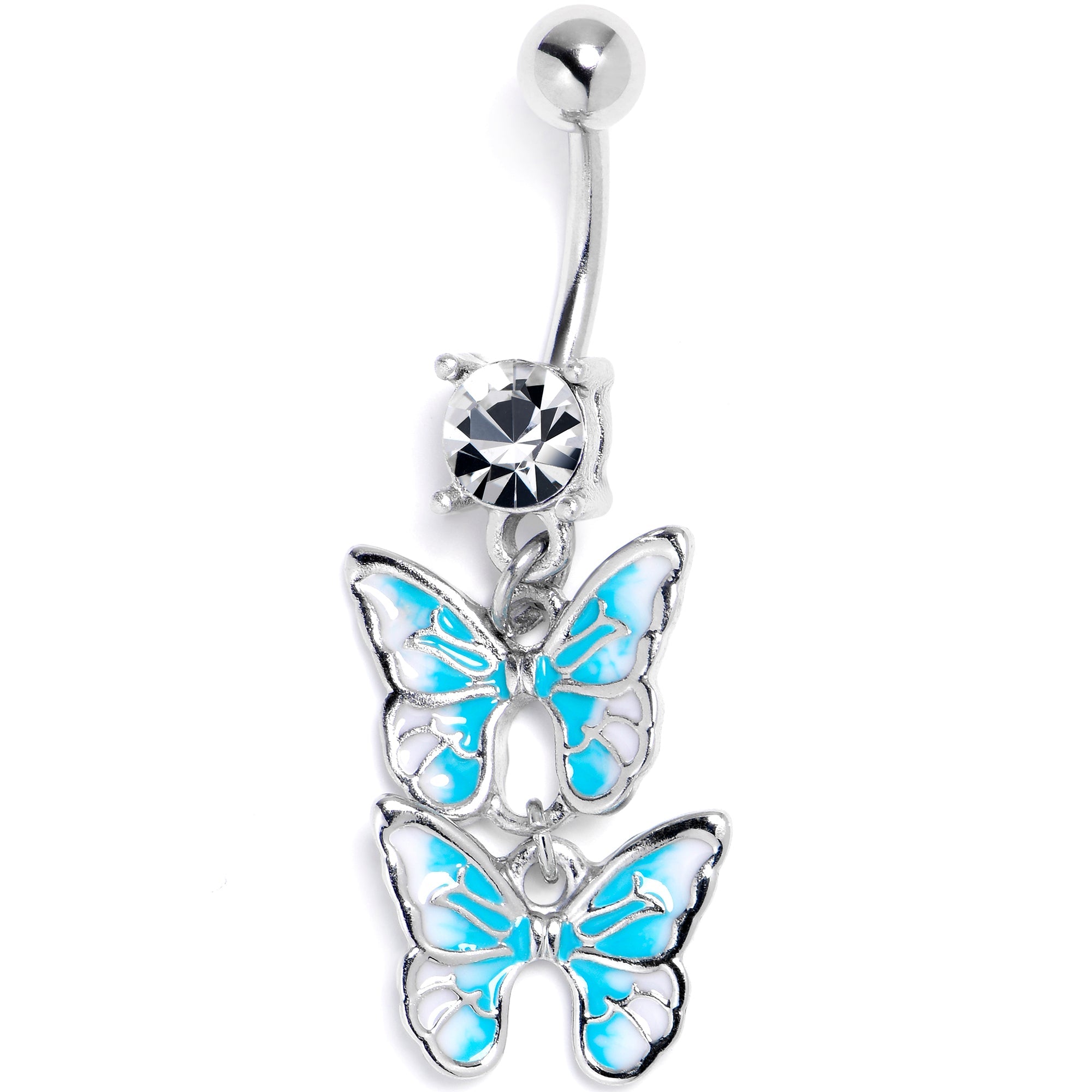 Clear CZ Gem Butterfly Duo Blue Dangle Belly Ring
