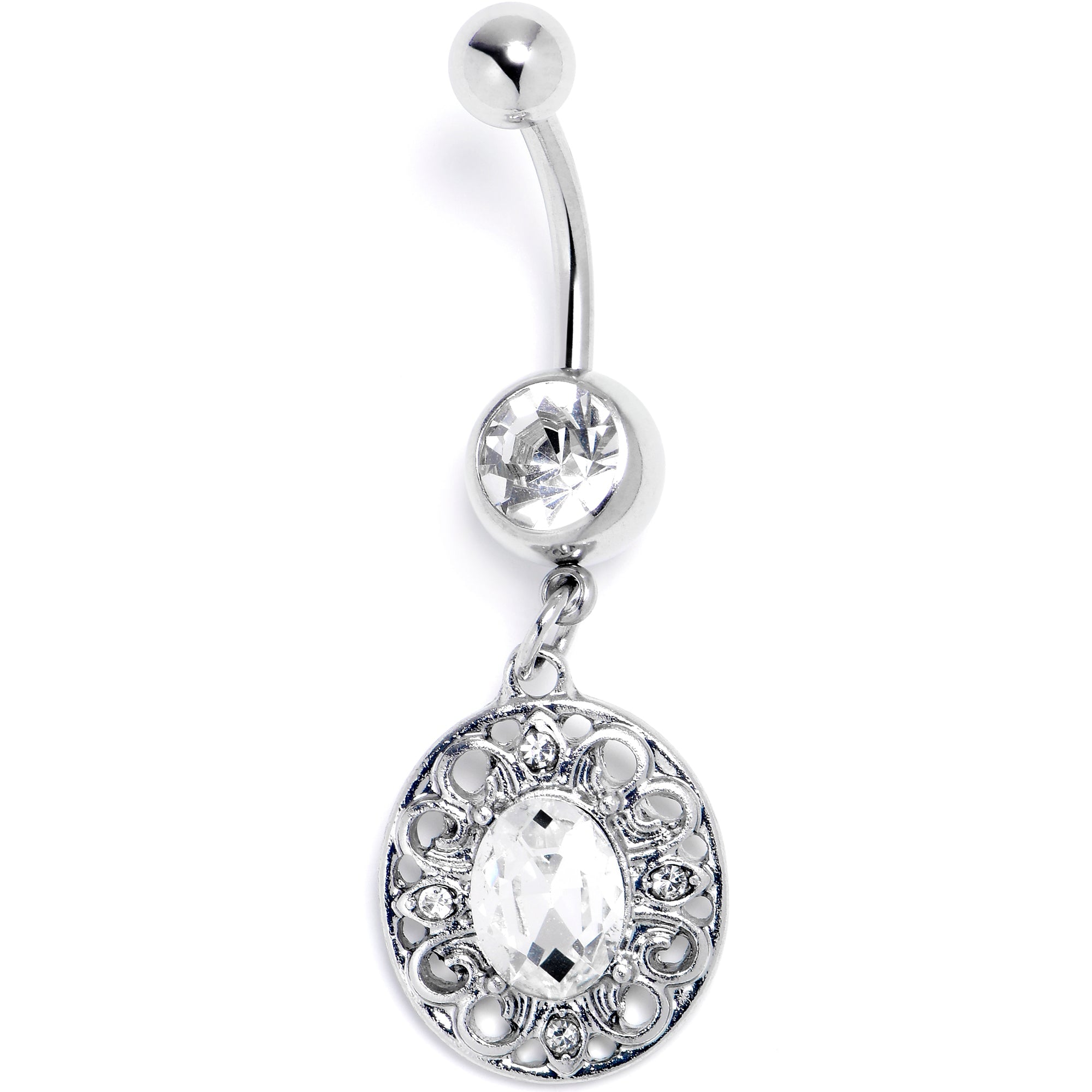Clear Gem Flower Oval Elegance Dangle Belly Ring