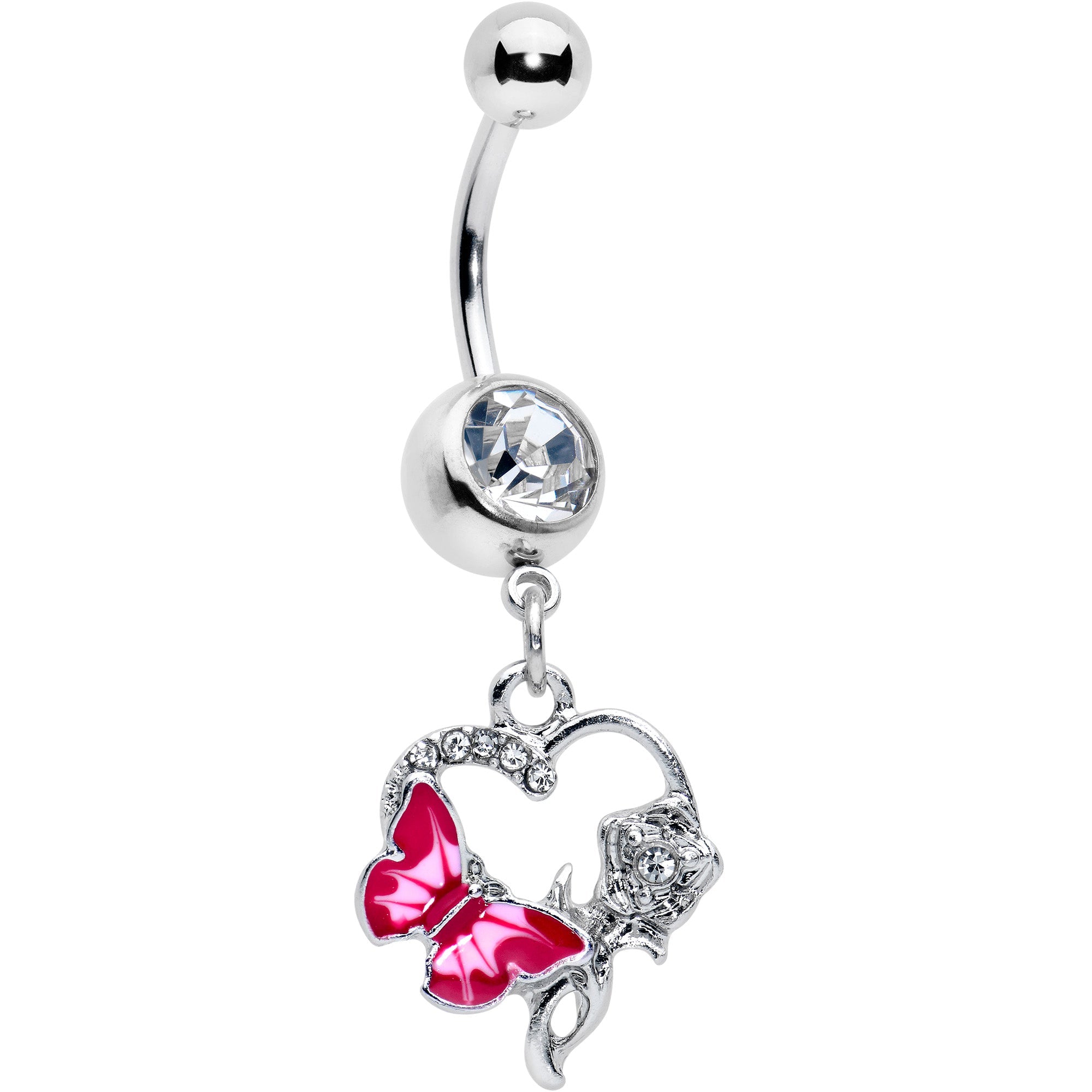 Clear Gem Butterfly Rose Flower Pink Dangle Belly Ring