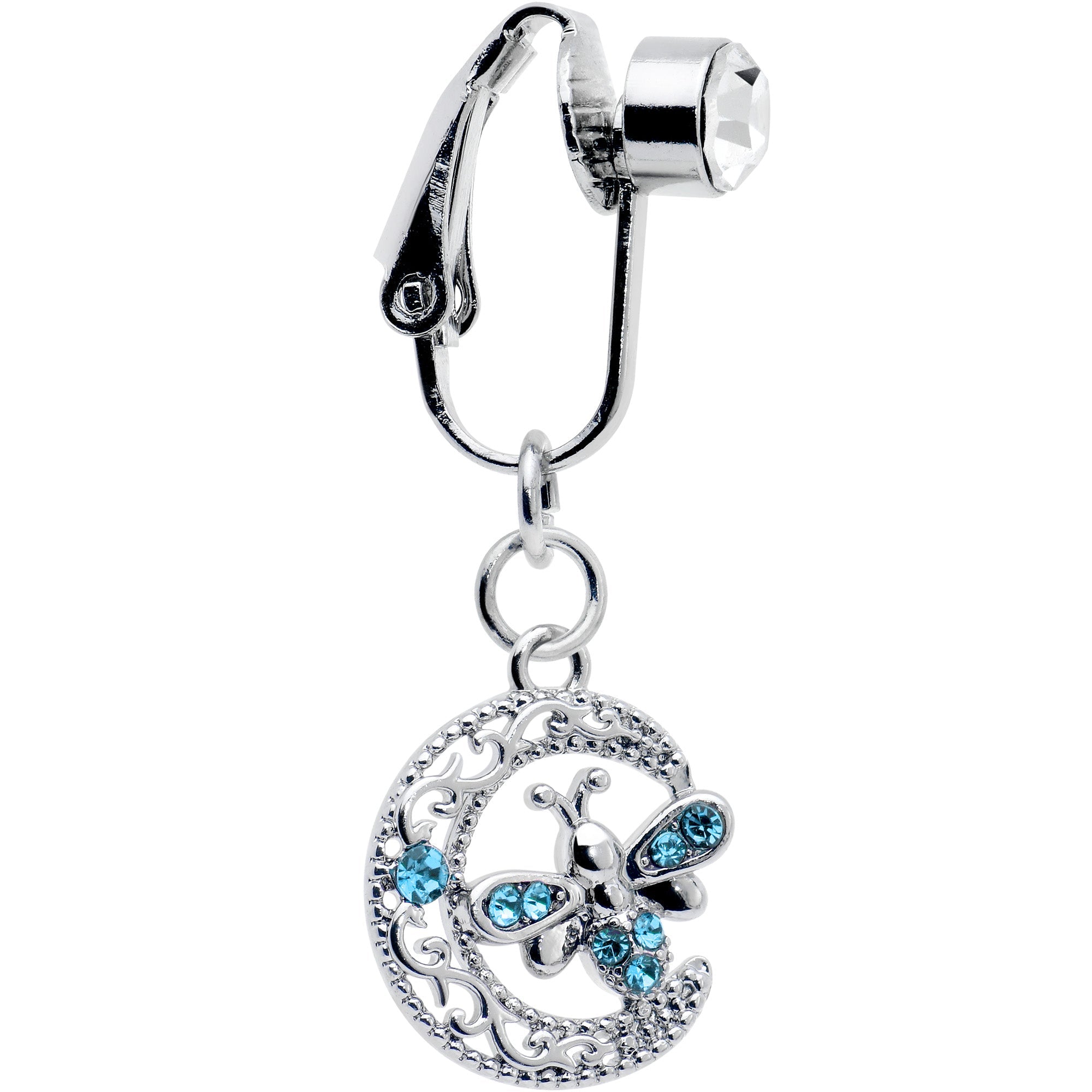 Blue Gem Lunar Dragonfly Fake Clip On Belly Ring