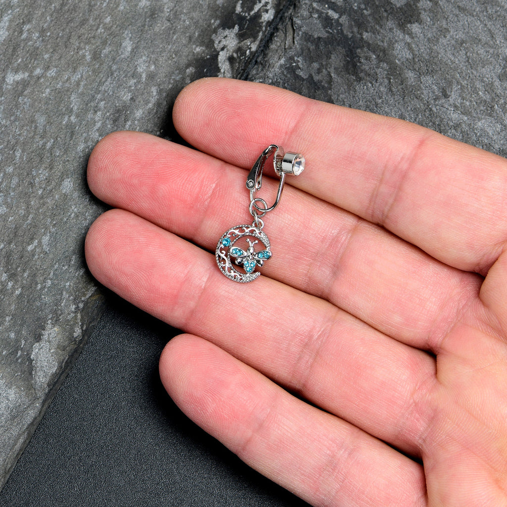 Blue Gem Lunar Dragonfly Fake Clip On Belly Ring