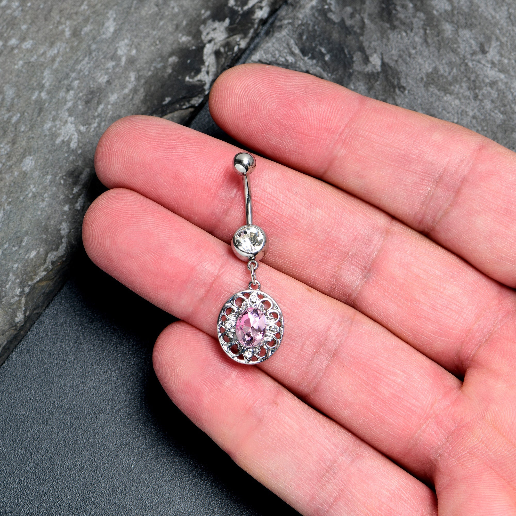 Pink Clear Gem Flower Oval Elegance Dangle Belly Ring
