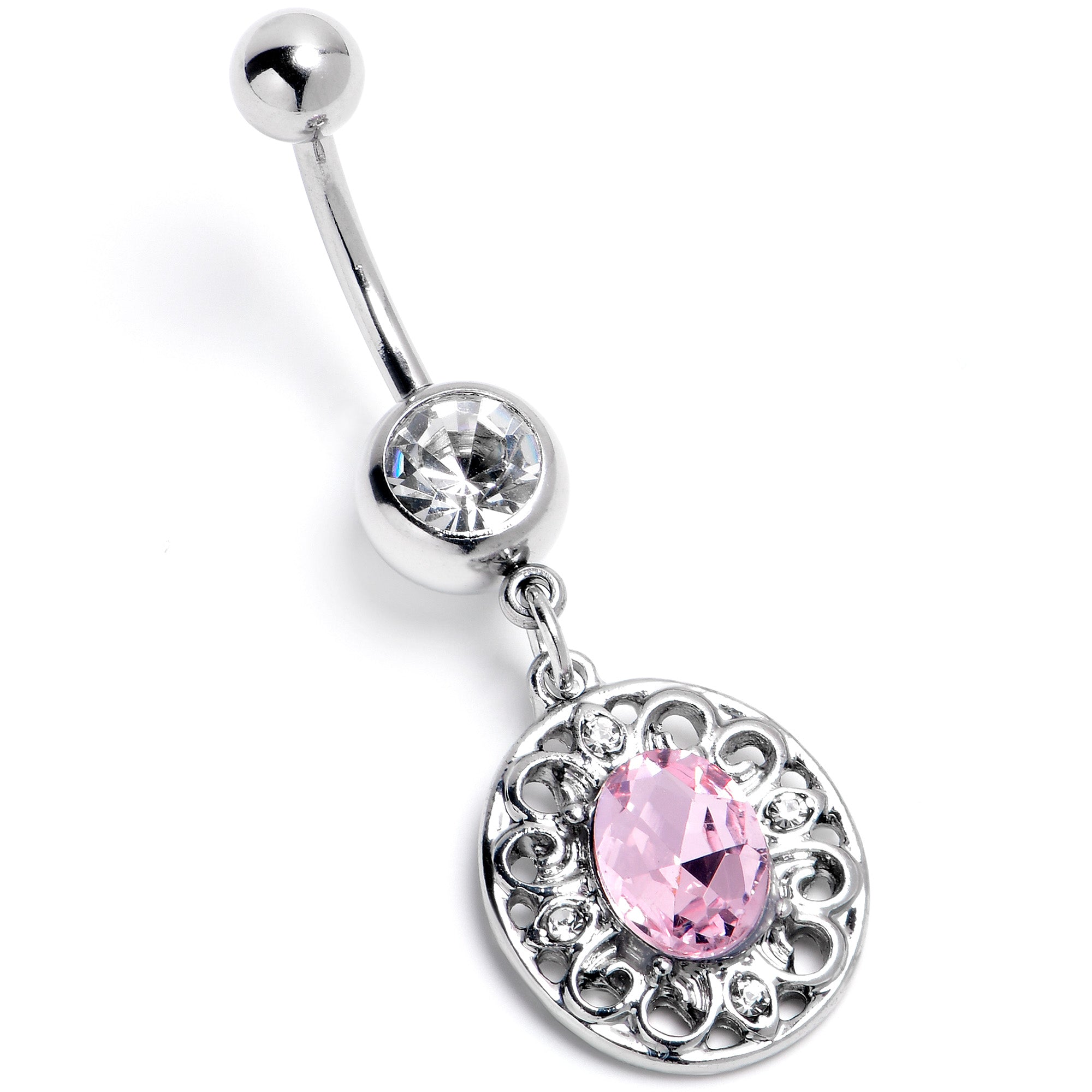 Pink Clear Gem Flower Oval Elegance Dangle Belly Ring