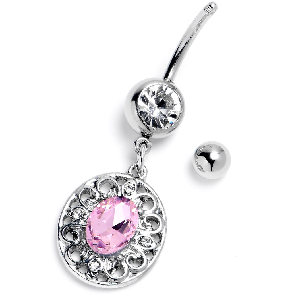 Pink Clear Gem Flower Oval Elegance Dangle Belly Ring