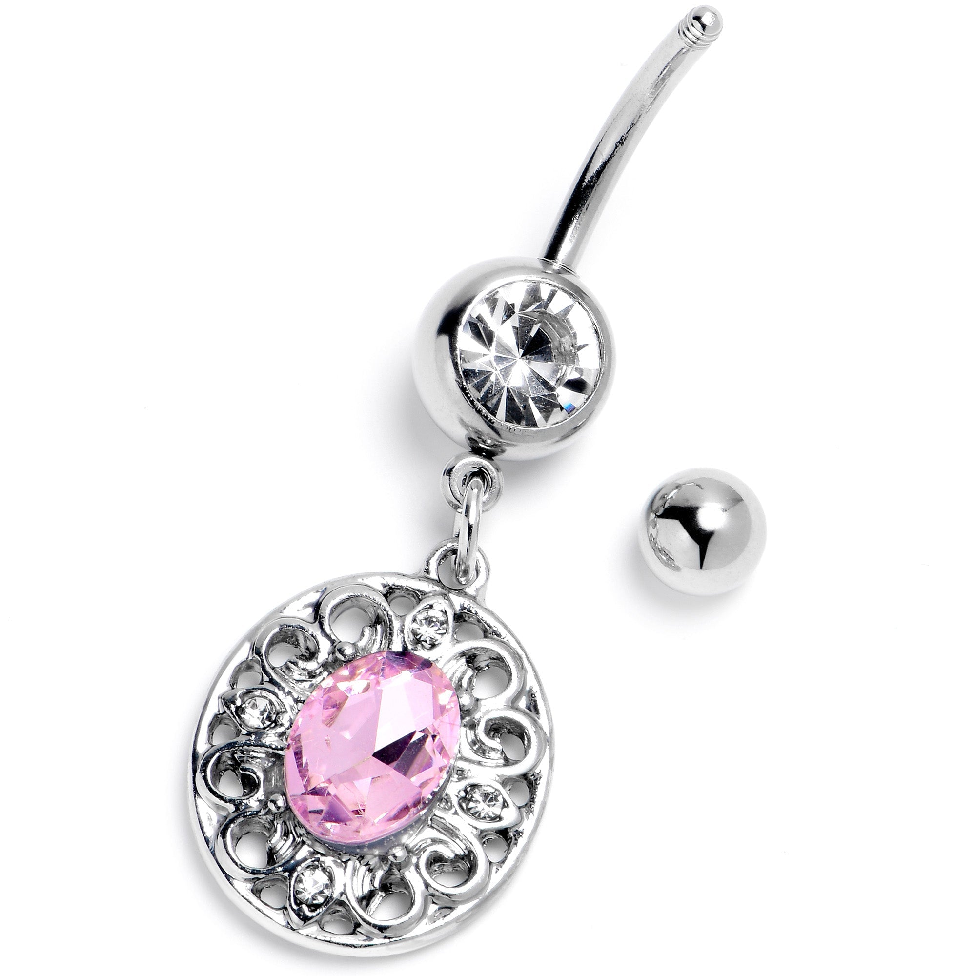 Pink Clear Gem Flower Oval Elegance Dangle Belly Ring