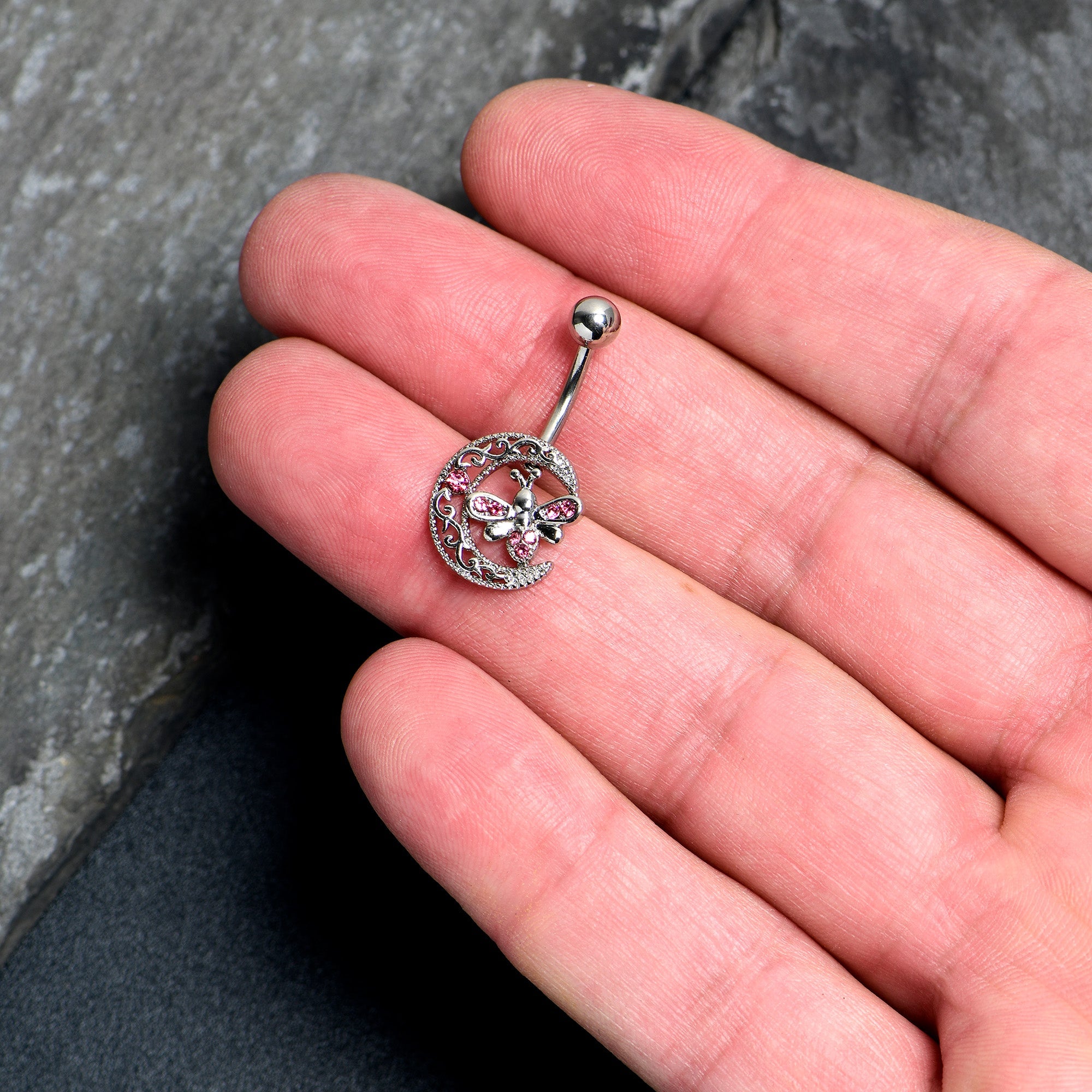 Pink Gem Lunar Dragonfly Belly Ring