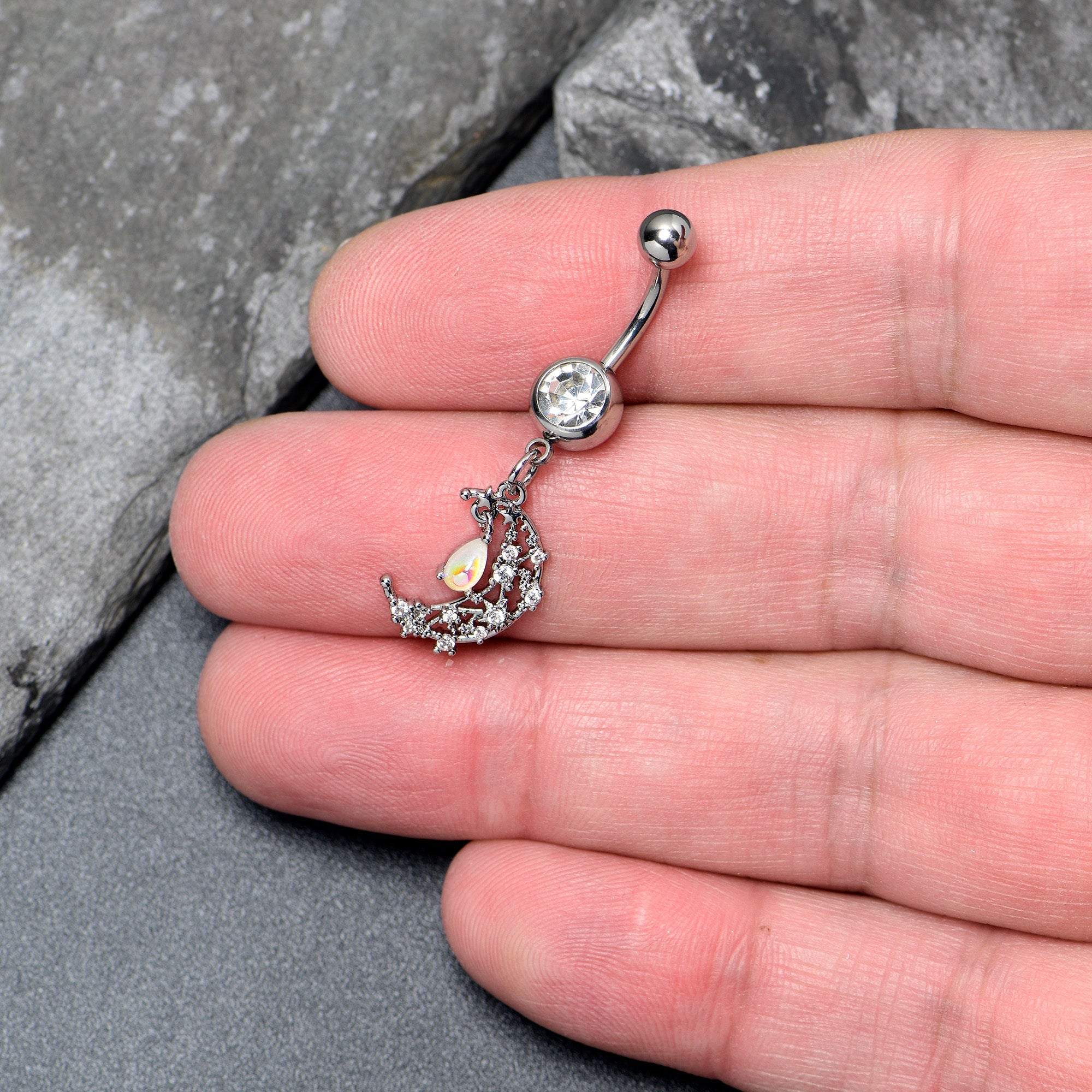 White Clear Gem Constellation Moon Dangle Belly Ring