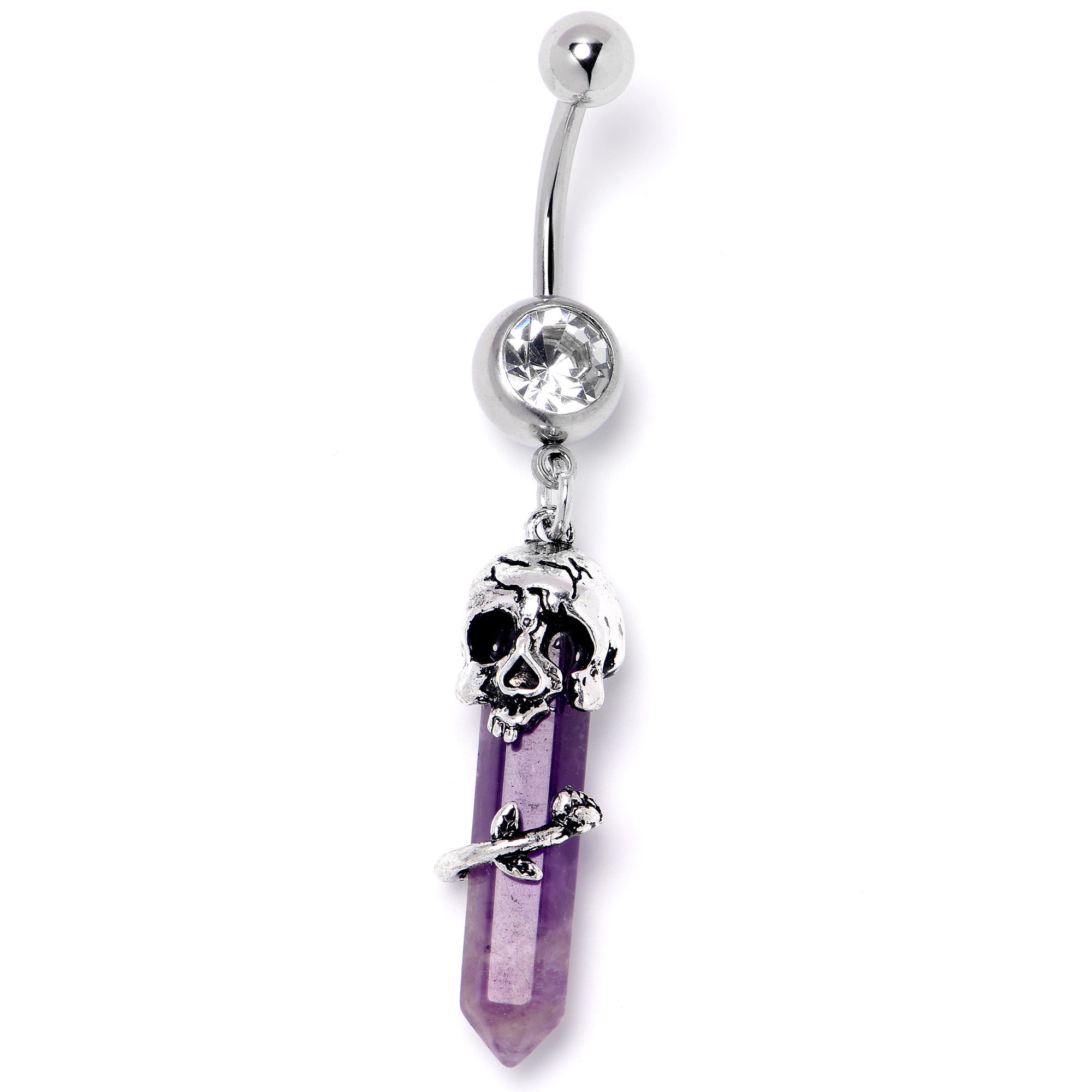 Purple Amethyst Skull Obelisk Rose Dangle Belly Ring