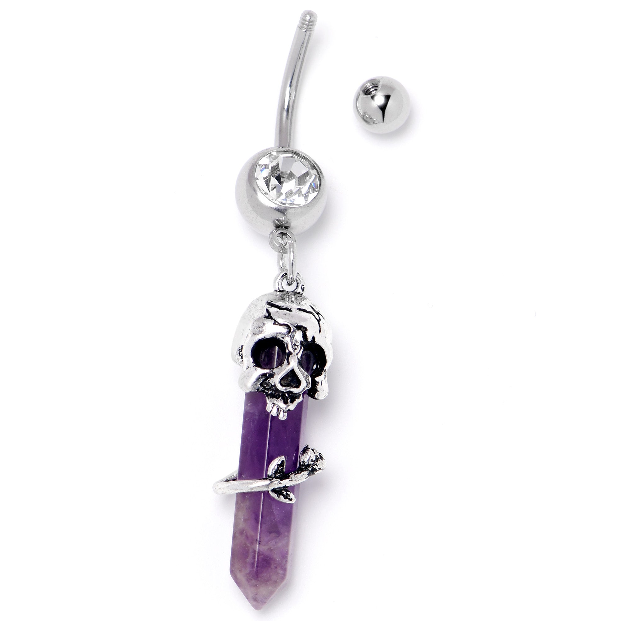 Purple Amethyst Skull Obelisk Rose Dangle Belly Ring