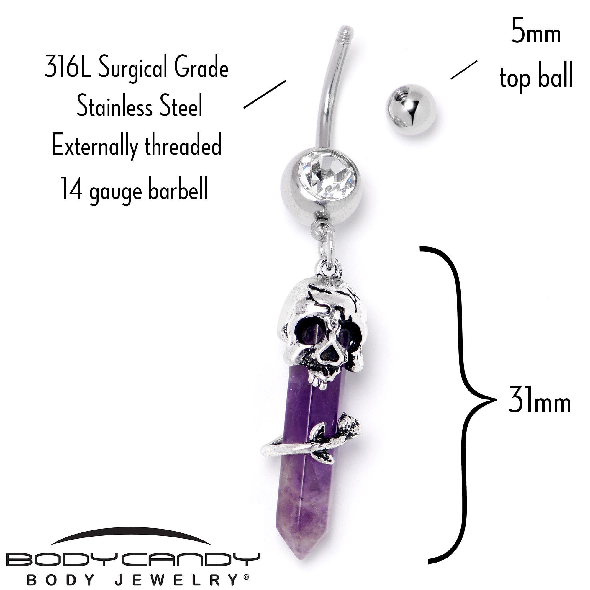 Purple Amethyst Skull Obelisk Rose Dangle Belly Ring