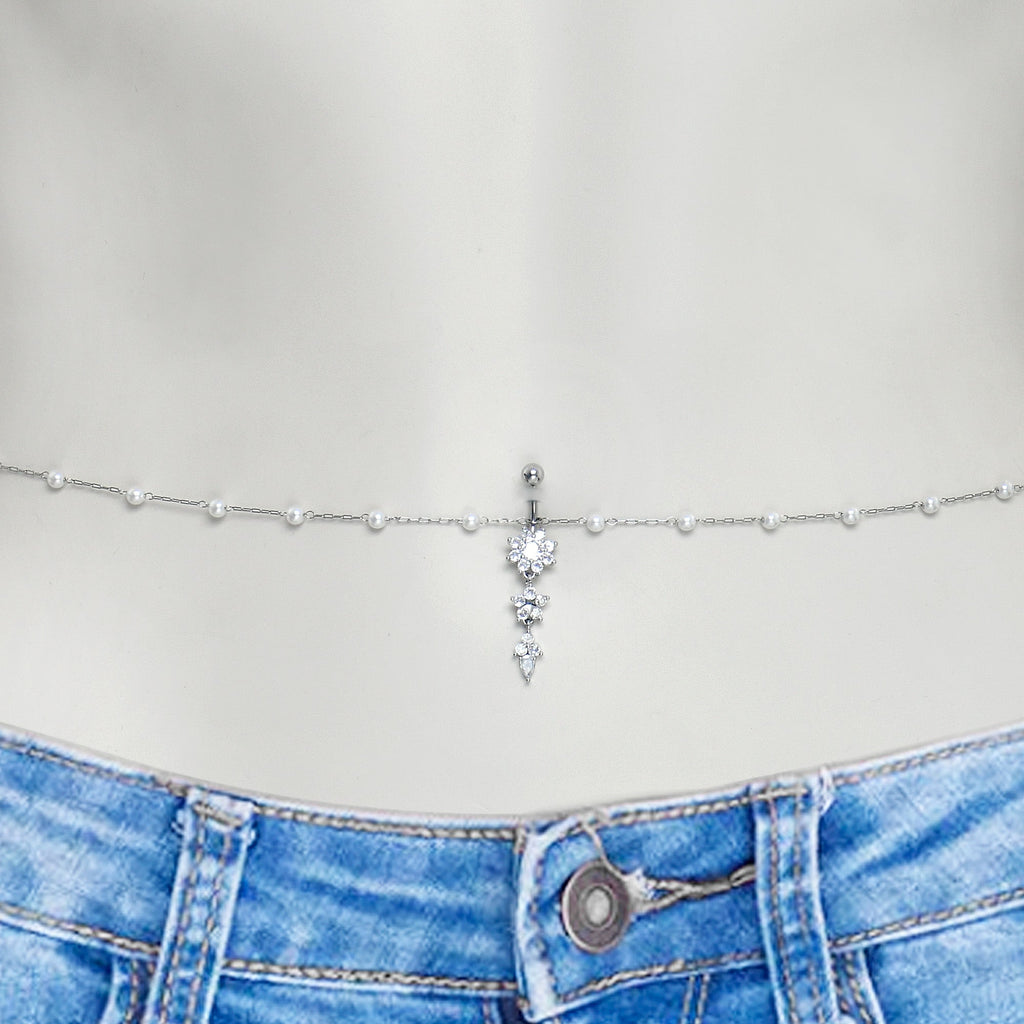 Clear CZ Gem Glamour Flower Faux Pearl Dangle Belly Ring Belly Chain