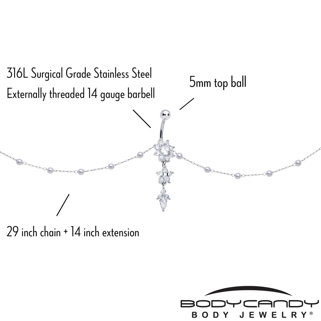 Clear CZ Gem Glamour Flower Faux Pearl Dangle Belly Ring Belly Chain