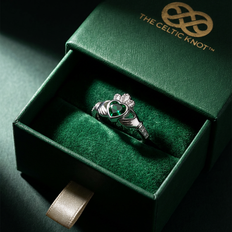 The Claddagh Ring | 18K White Gold Emerald Heart