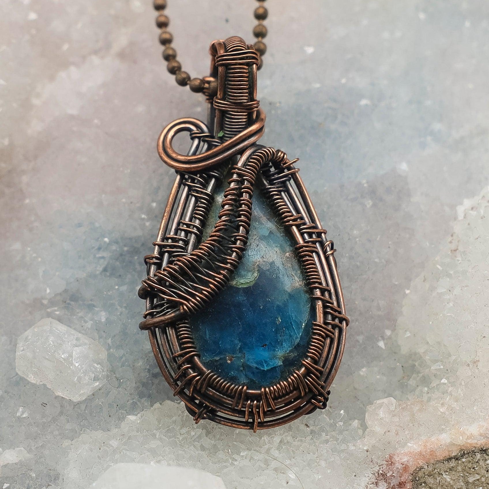 Blue Apatite Wire Wrap Crystal Pendant - Manifestation