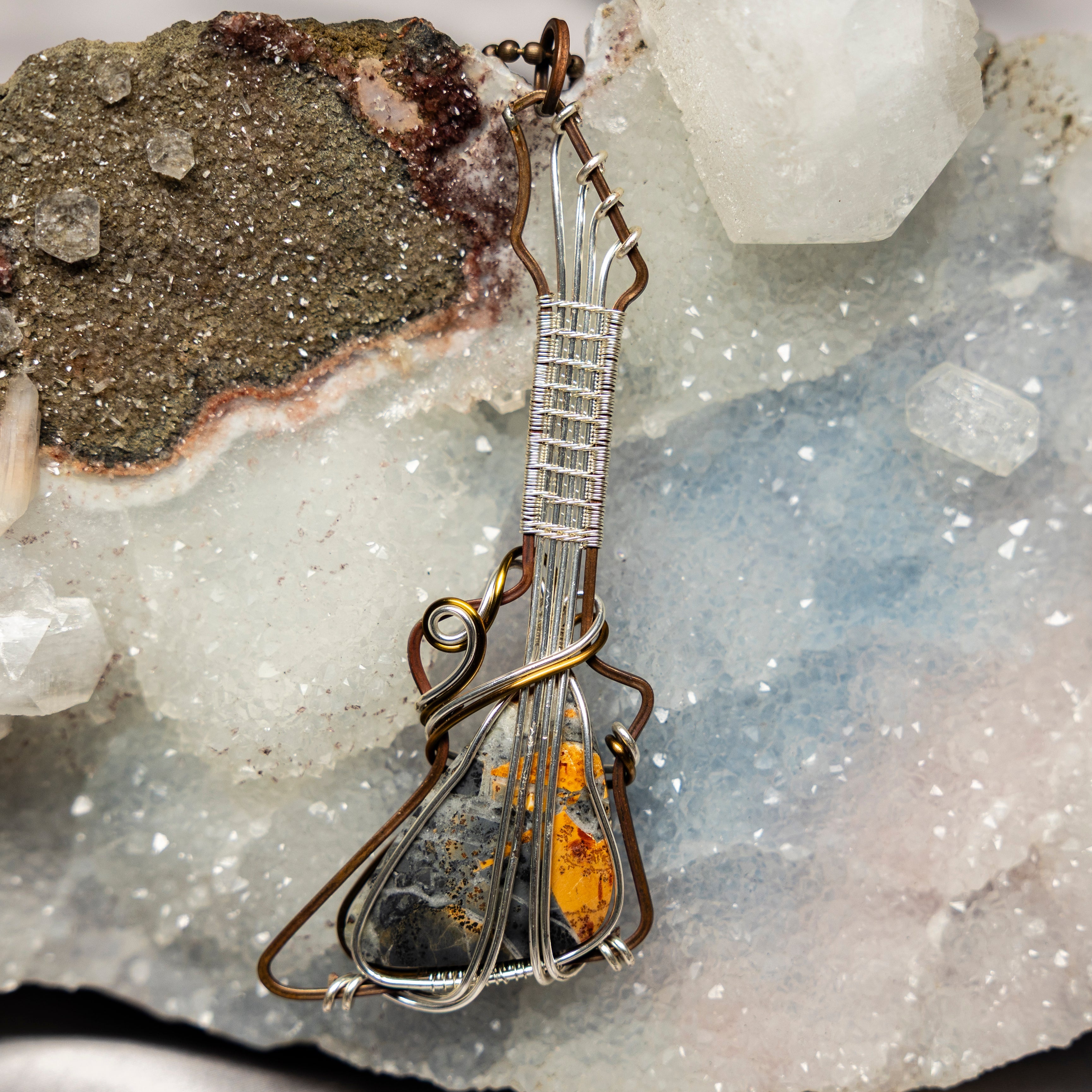Bumblebee Jasper Guitar Wire Wrap Pendant 4 Inch