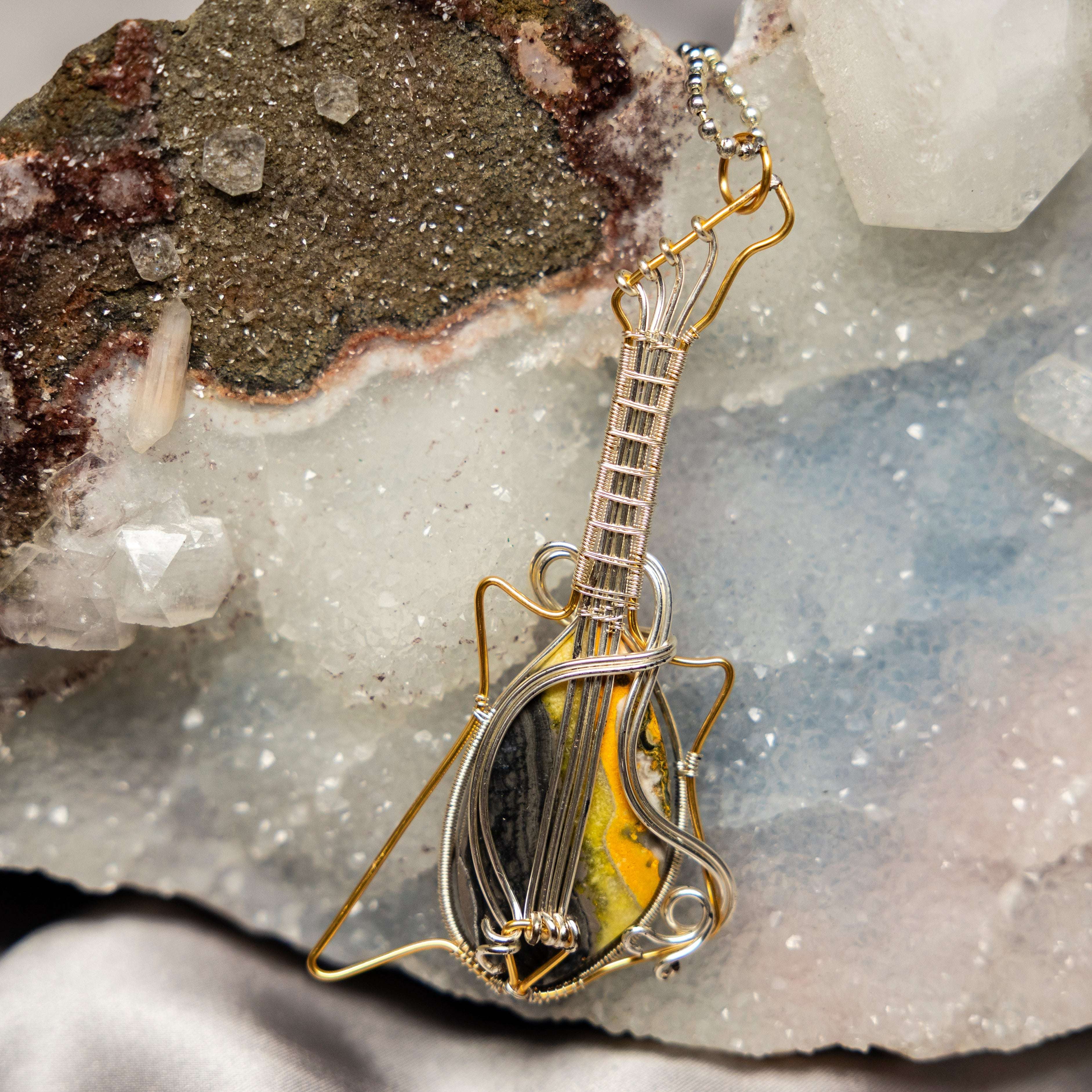 Bumblebee Jasper Guitar Wire Wrap Pendant 4 Inch