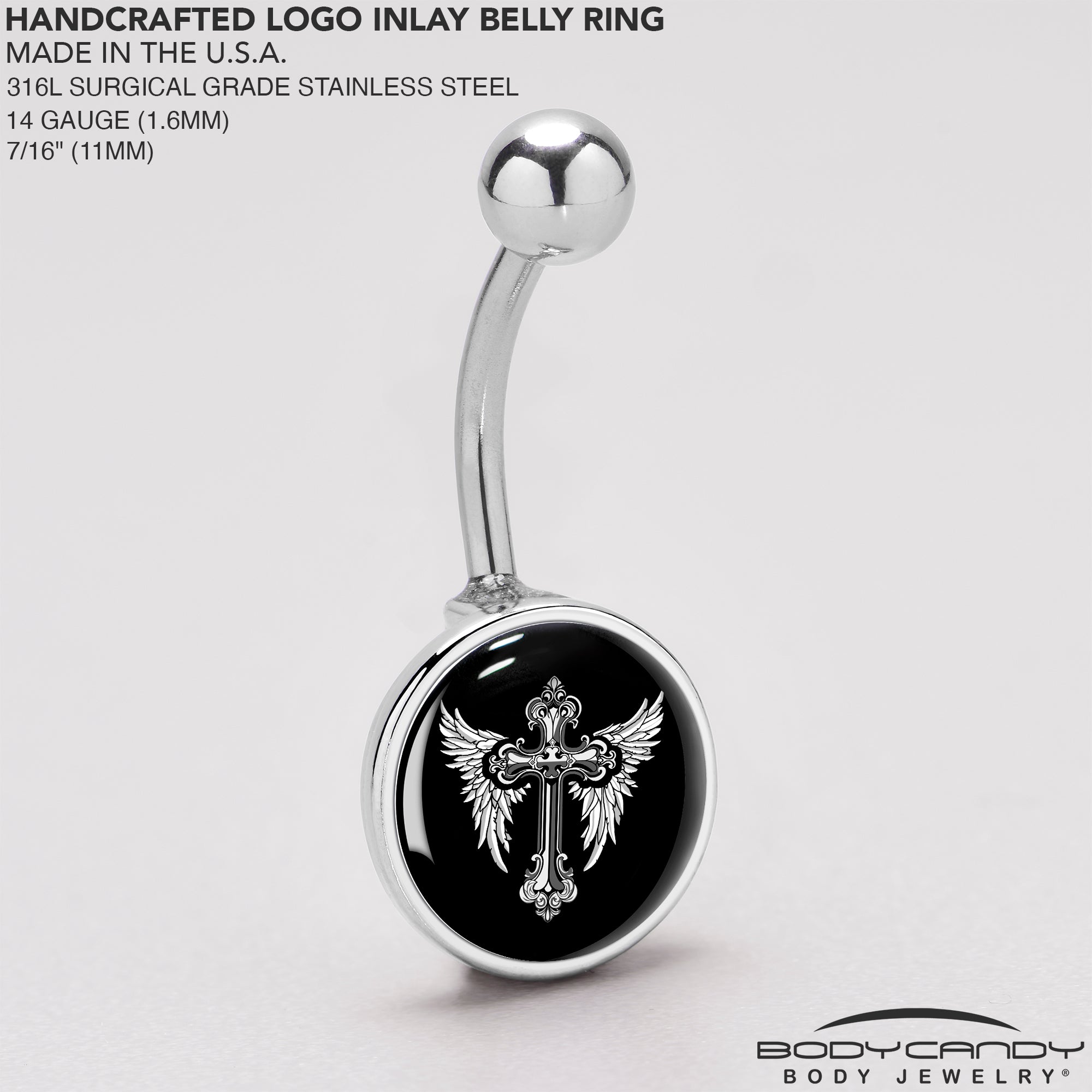 Black White Winged Cross Belly Ring by Onyx O