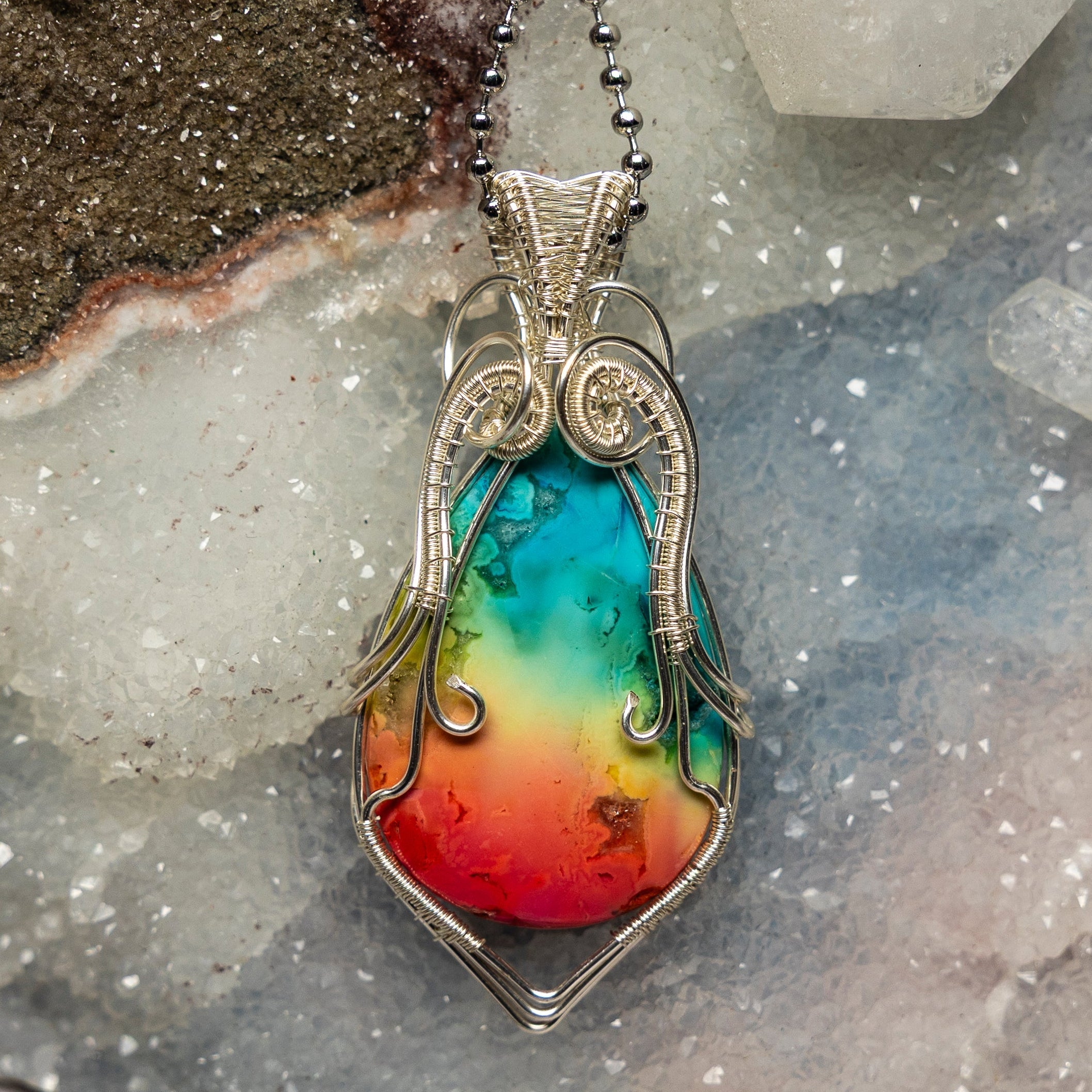 Chakra Agate Wire Wrap Pendant 2.75 Inch