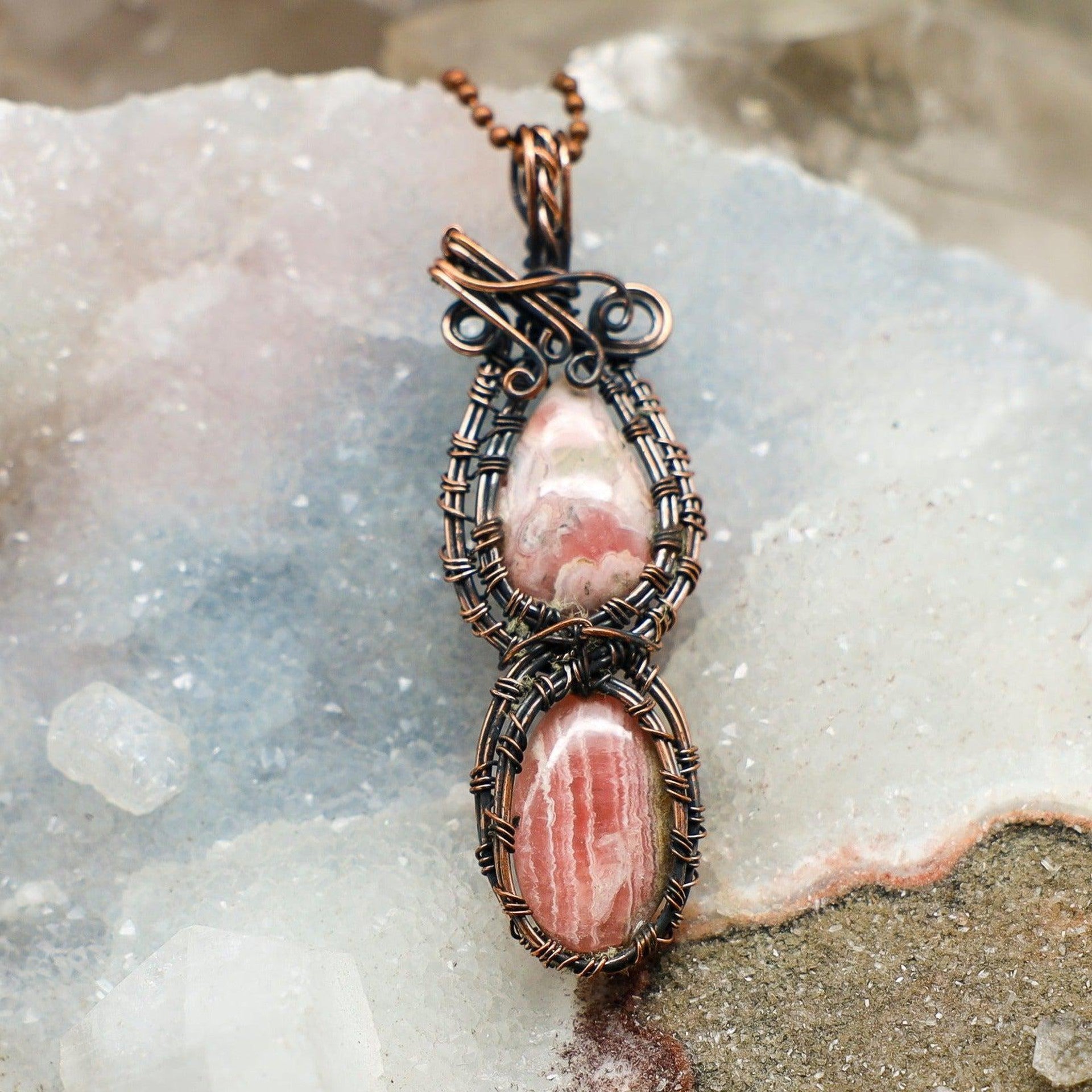 Dual Rhodochrosite Wire Wrap Pendant