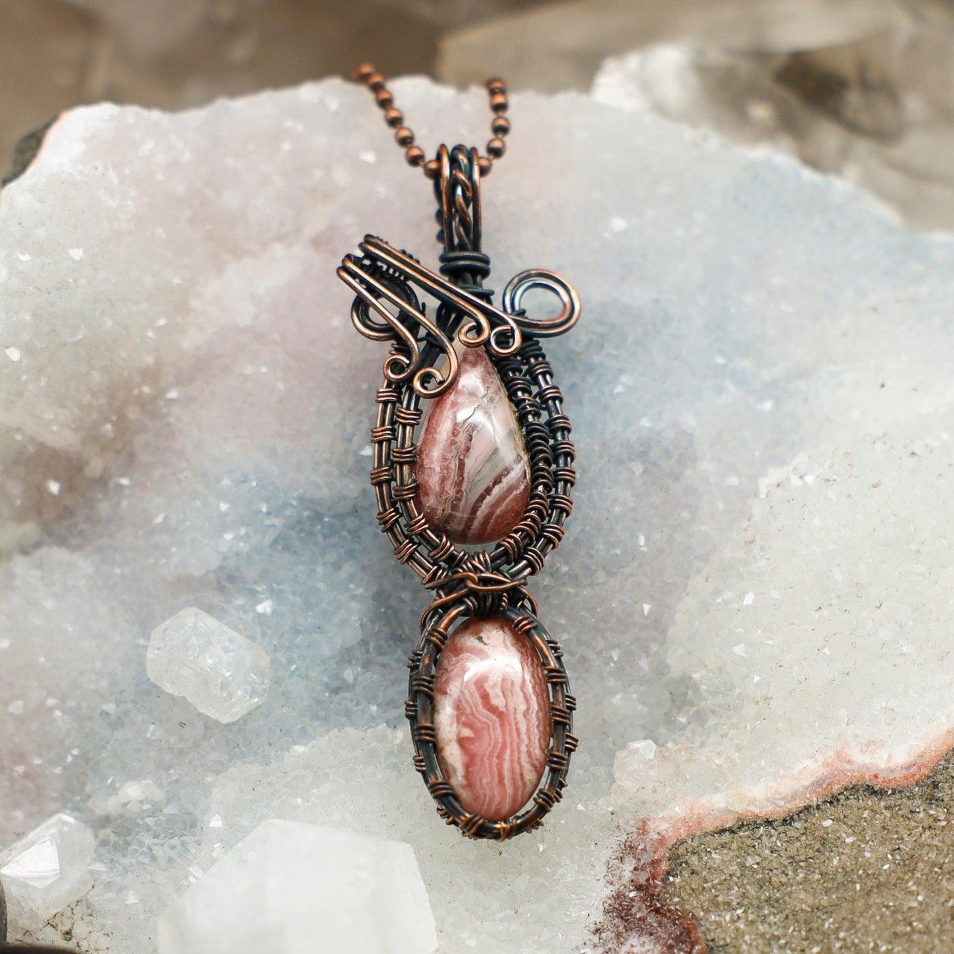 Dual Rhodochrosite Wire Wrap Pendant