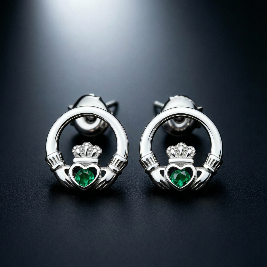 The Claddagh Earrings | 18K White Gold Studs