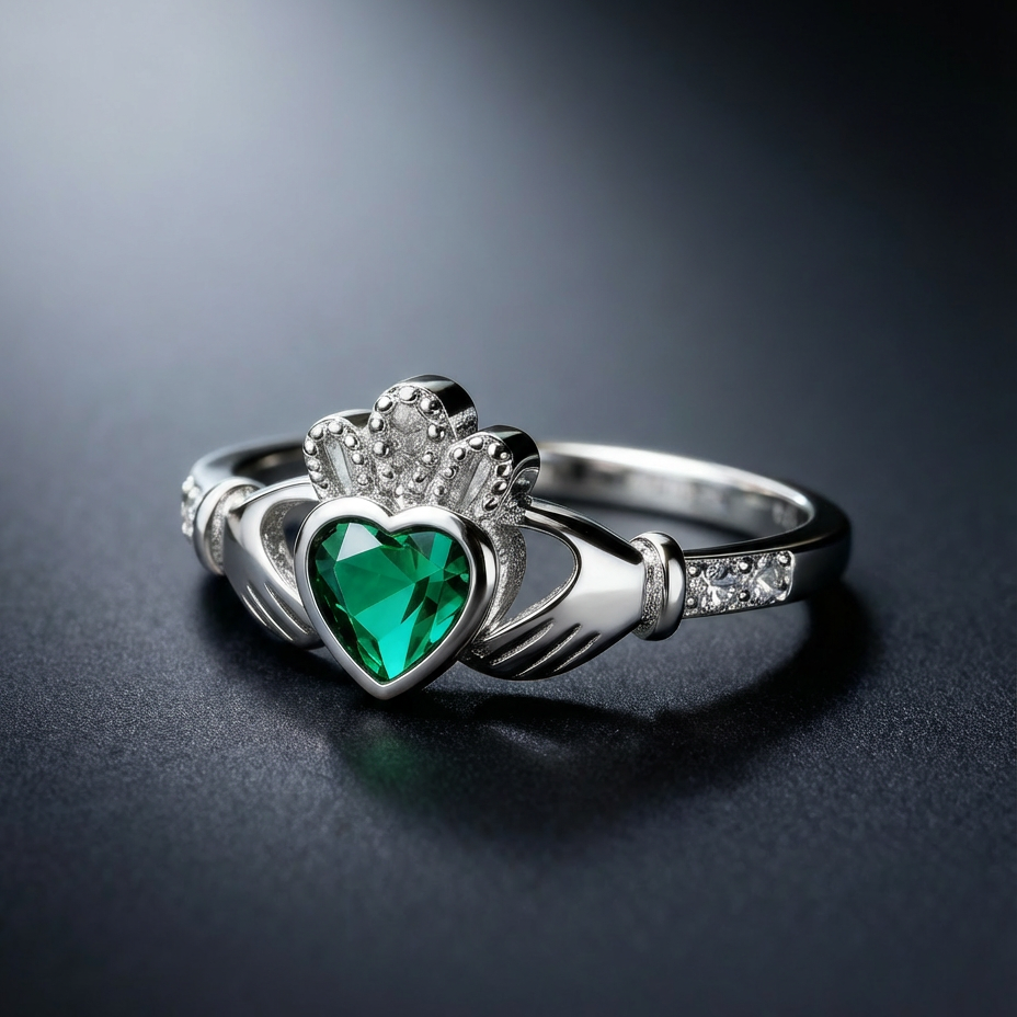 The Claddagh Ring | 18K White Gold Emerald Heart