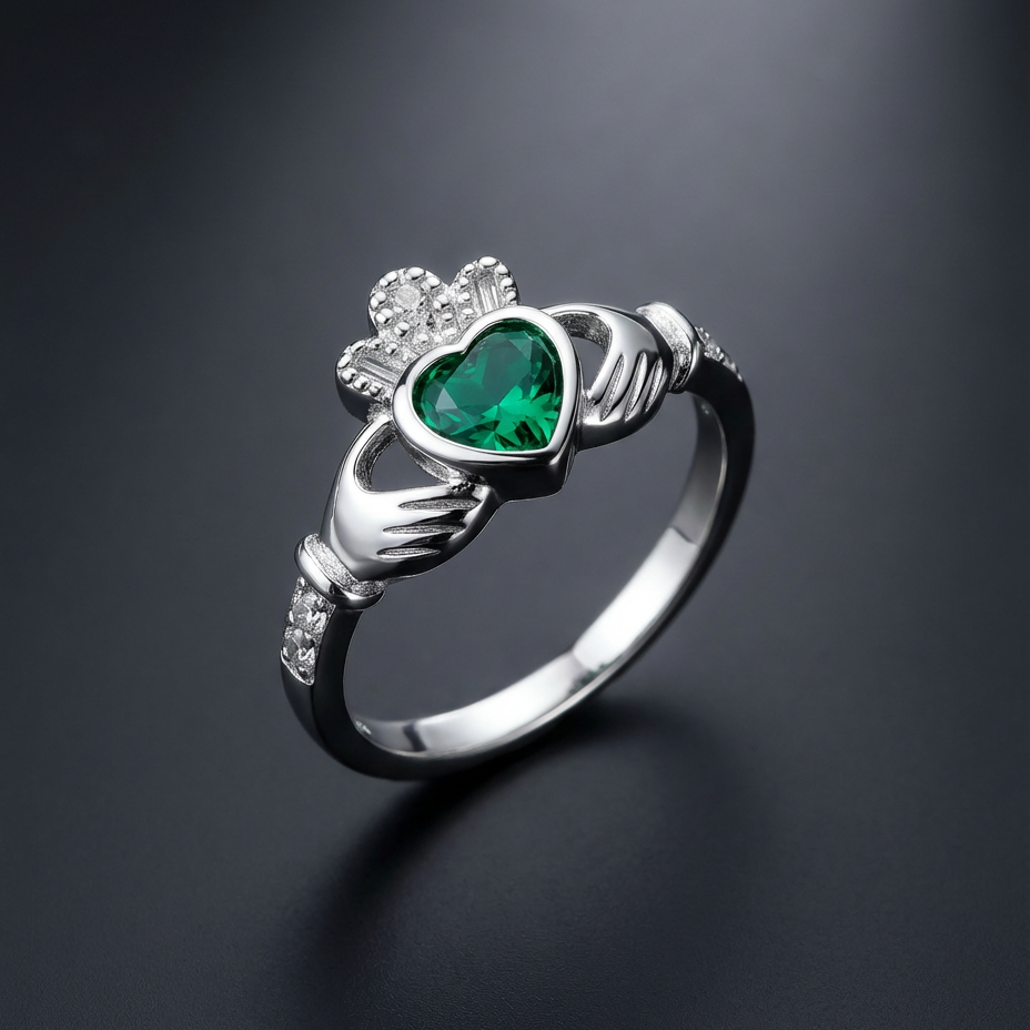 The Claddagh Ring | 18K White Gold Emerald Heart