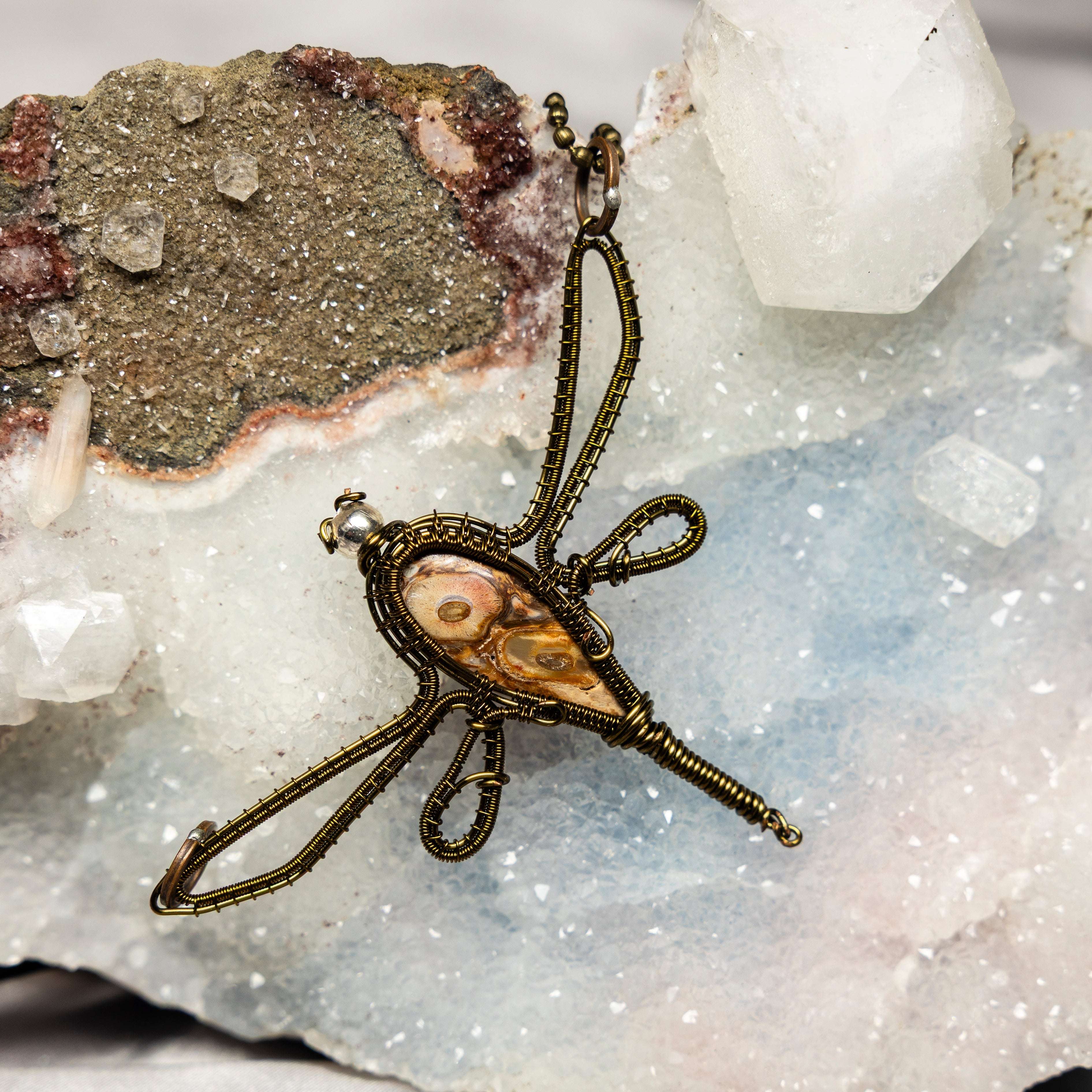 Mexican Agate Dragonfly Wire Wrap Pendant