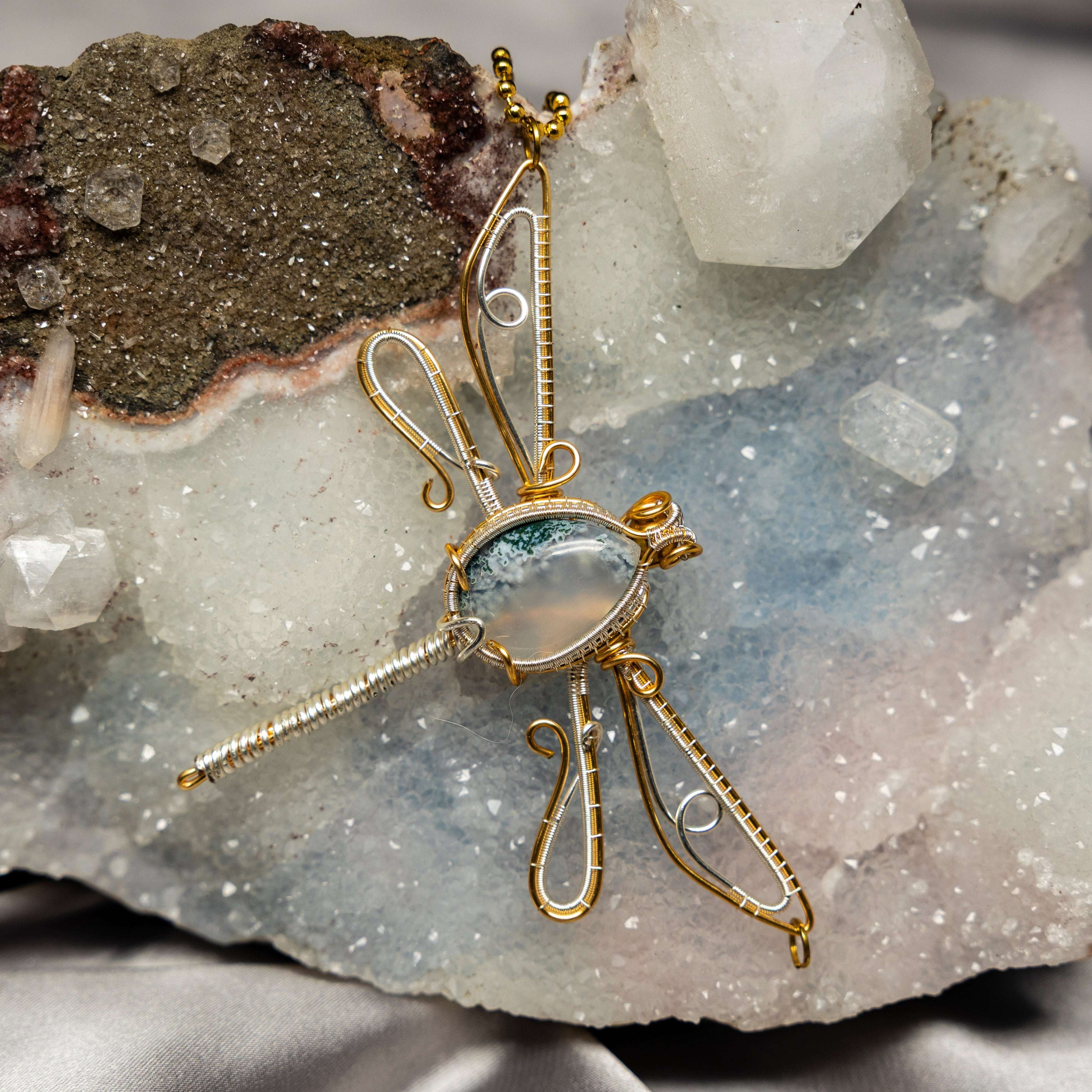 Moss Agate Dragonfly Wire Wrap Pendant