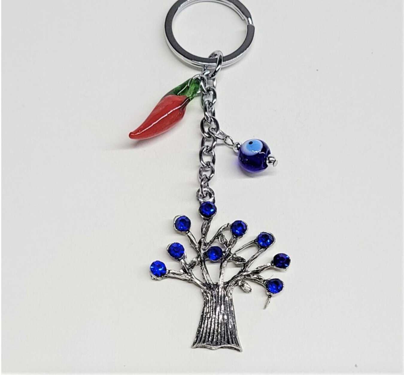 Evil Eye Red Hot Chili Pepper Tree of Life Keychain