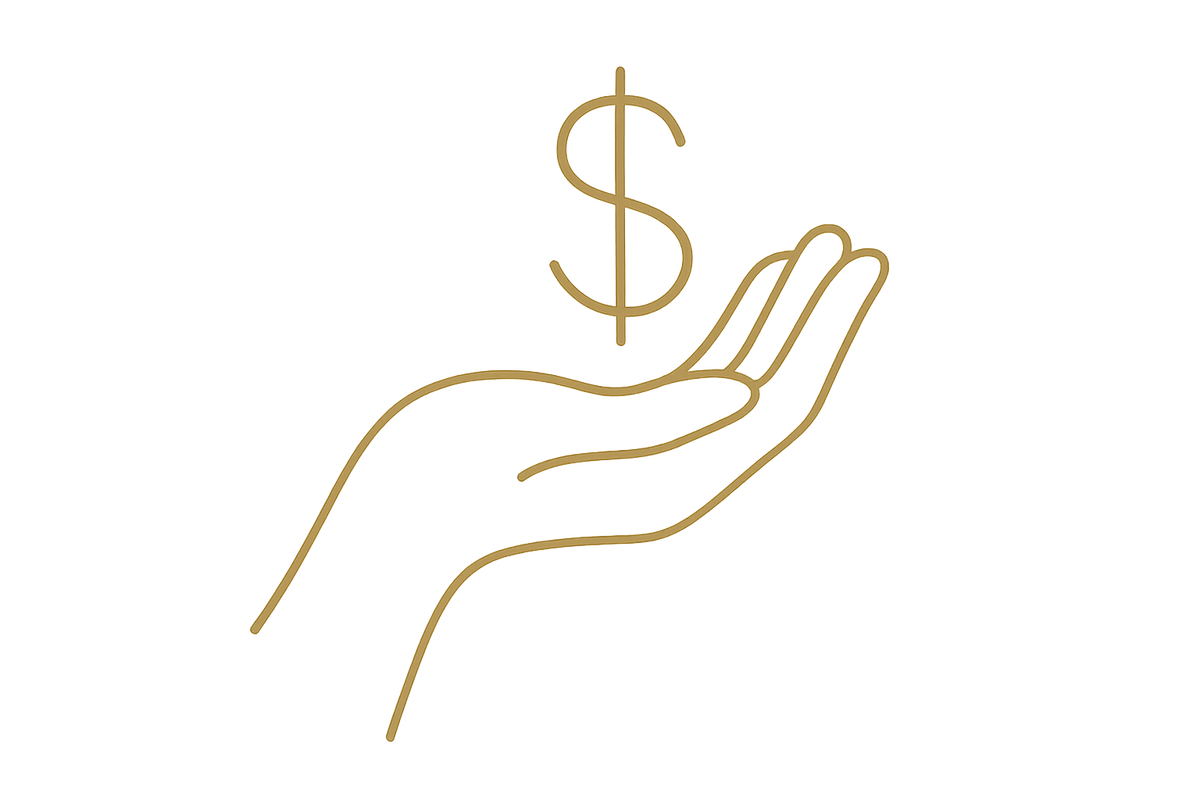 Gold outline of a hand holding a money symbol