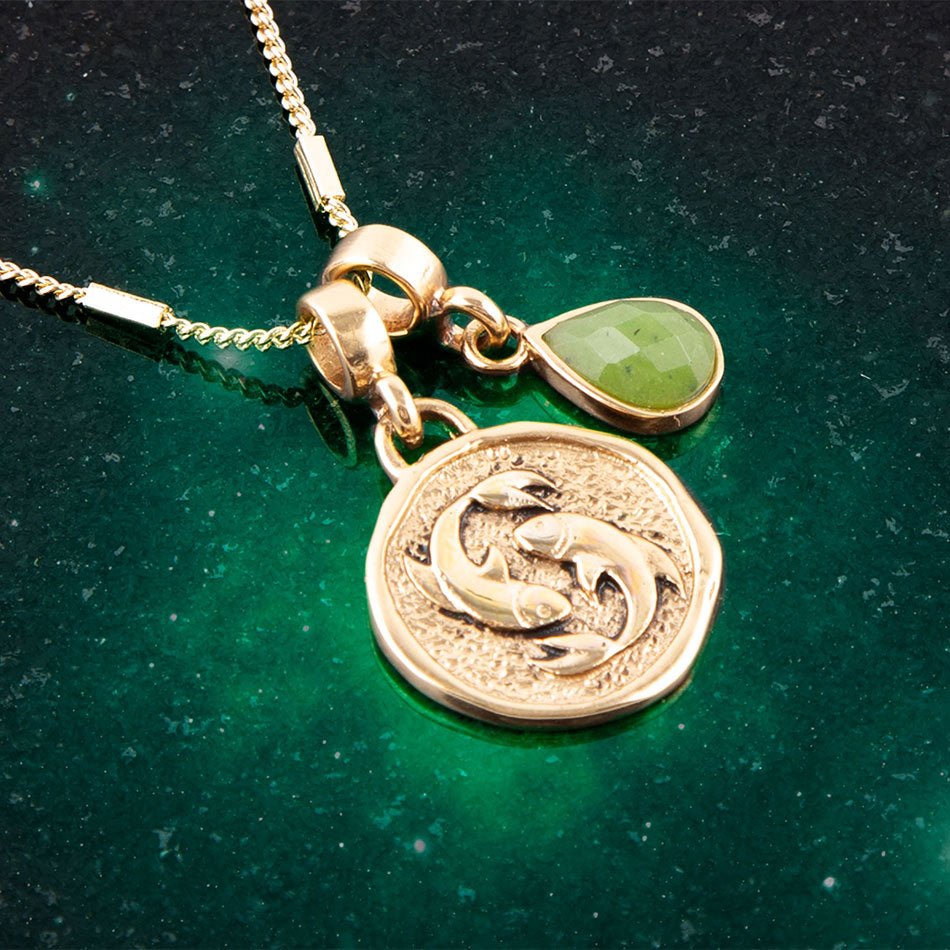 Pisces - Zodiac Green Jade Golden Charm Necklace